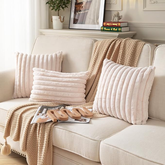 DEELAND Pack of 2,Double-Sided Faux Fur Plush Decorative Throw Pillow Covers Fuzzy Striped Soft Pillowcase Cushion Covers for Sofa Couch Bedroom Beige 26x26 inch