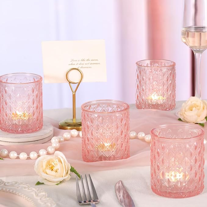 8Pcs Large Votive Candle Holders Pink Tea Light Candle Holders Glass Candle Holder for Wedding, Bridal Shower,Table Centerpiece,Party, Home Decor