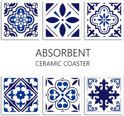 Coasters for Drinks Set of 6, Navy Blue Ceramic Tiles Geometric Pattern Absorbent Square Ceramic Stone Mat, with Cork Base and Metal Holder, Gift for Housewarming Room Bar Decor