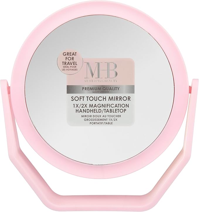 EXPRESSIONS Premium Soft Touch Rotating Mirror with 1x/2x Magnification - Round Pink Vanity Mirror, Handheld or Tabletop Mirror Magnification Makeup Mirror, Small Desk Mirror or Travel Mirror