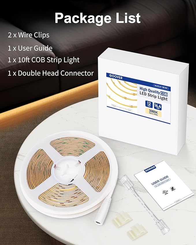 GOOVER COB LED Strip Lights 16.4ft, 3000K Warm White DC 12V Dimmable Tape Light, Ra 95+,150+LM/FT, 98 LEDs/ft, 2.2W/ft, 1600 LEDs, UL Listed for Cabinets,Bedroom(Power Supply Sold Separately)