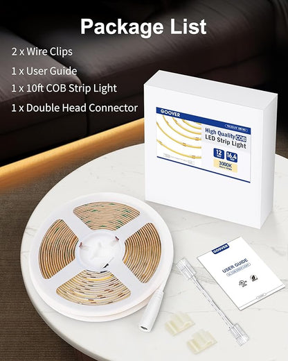 GOOVER COB LED Strip Lights 16.4ft, 3000K Warm White DC 12V Dimmable Tape Light, Ra 95+,150+LM/FT, 98 LEDs/ft, 2.2W/ft, 1600 LEDs, UL Listed for Cabinets,Bedroom(Power Supply Sold Separately)