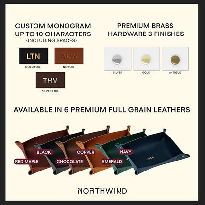 Northwind Personalized Leather Valet Tray – Custom Engraved Full Grain Leather Catchall Tray for Men, Handmade in USA Desk Organizer & Groomsmen Gift, Perfect Storage for Nightstand, Dresser