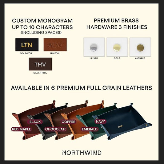 Northwind Personalized Leather Valet Tray – Custom Engraved Full Grain Leather Catchall Tray for Men, Handmade in USA Desk Organizer & Groomsmen Gift, Perfect Storage for Nightstand, Dresser