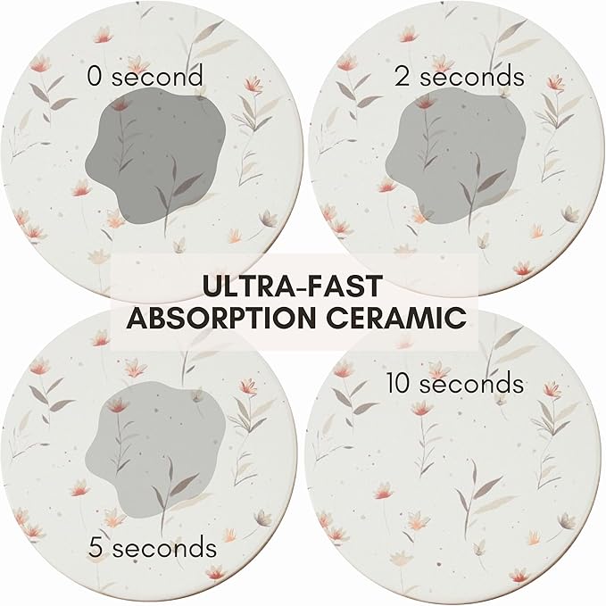 Ceramic Absorbent Coasters Set of 6 with Holder, Marble Drink Coasters for Coffee Table, Water Absorbing Coaster (Floral)