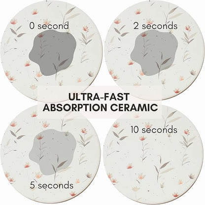 Ceramic Absorbent Coasters Set of 6 with Holder, Marble Drink Coasters for Coffee Table, Water Absorbing Coaster (Floral)