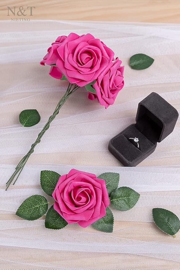 N&T NIETING Artificial Flowers, Foam Roses Perfect for Valentine's Day DIY Wedding Bridal Bouquets Centerpieces Bridal Shower Party Home Flower Arrangement Decor 25Pcs, Hot Pink