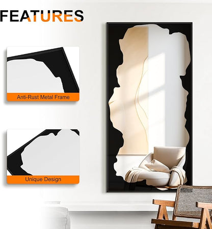 Full-Length Mirror Free Standing Leaning Mirror with Artistic Black Abstract Overlay Deco, 64"x32" Shatterproof Wall-Mounted Mirror, Perfect for Living Room, Bedroom, Cloakroom, and Bathroom Decor