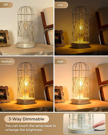 Unique Industrial Cage Table Lamp with Touch Control & Dimmable Light - 28" Metal Mesh Desk Lamp with 3-Way Dimmer, E26 Socket, Includes LED Bulb, White