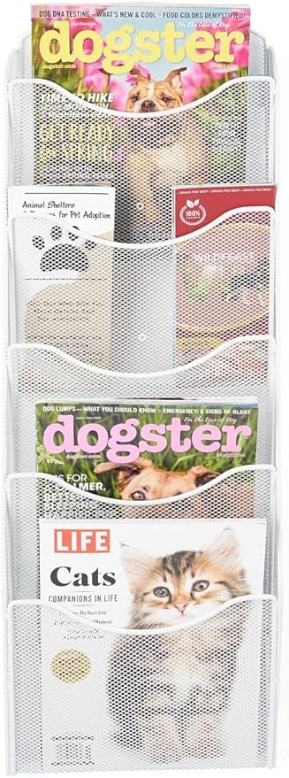 Displays2go Single & Multi-Tiered Metal Mesh Literature Wall Rack, 5-10 Pockets - White (MSHWHL5WHT)