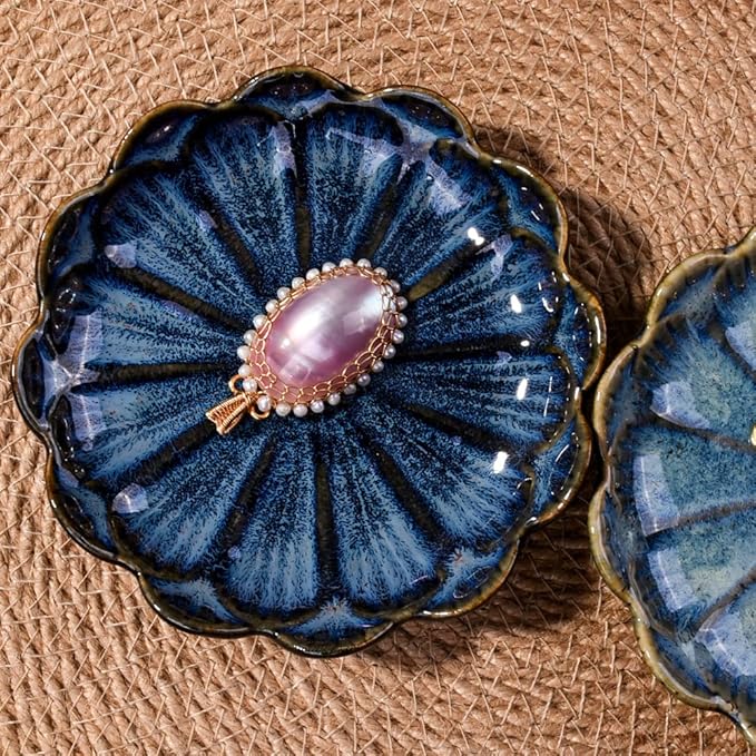 Ceramic Jewelry Dish Ring Plate Tray Vintage Lotus Shaped Jewelry Key Bowl Ring Holder for Jewelry Wedding Engagement Gift Set of 2(Blue and Green)