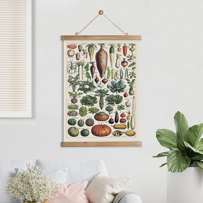 XIAOAIKA Vintage Vegetable Varieties Poster - Illustrated Garden Produce Chart with Wooden Frame - Educational Kitchen Wall Decor Art for Home Chefs and Gardeners 16 x 23 inches