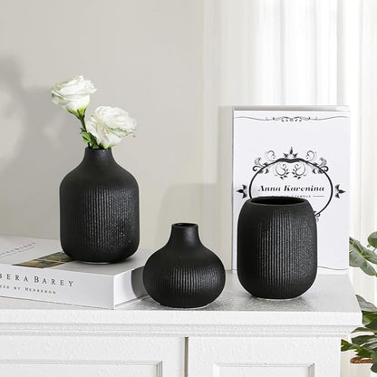 Dnnnii Modern Black Ceramic Vase Set of 3, Ribbed Texture Boho Minimalist Home Decor, Small Decorative Vases for Centerpiece, Shelf, Tabletop - Aesthetic Touch for Neutral & Transitional Spaces