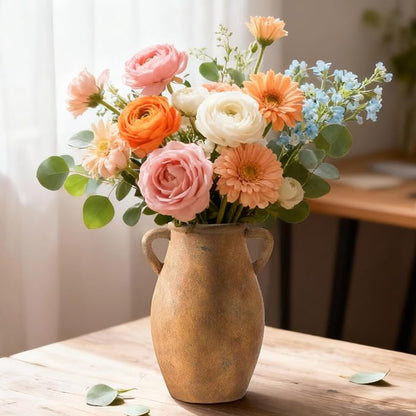 Ceramic Rustic Vase, Vintage Flower Vase with Handle, 9 inch Farmhouse Pottery Flower Vase for Home Decor, Living Room Shelf Decor, Enterway, Table