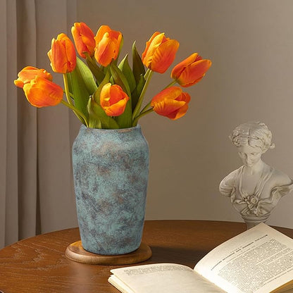 Briful 9.06'' Large Ceramic Rustic Vase Shabby Vintage Textured Vase, 4.33'' Wide Mouth Pampas Vases for Fake Flowers Branches, Farmhouse Home Décor, Weddings Shelf Table Decor,Patina