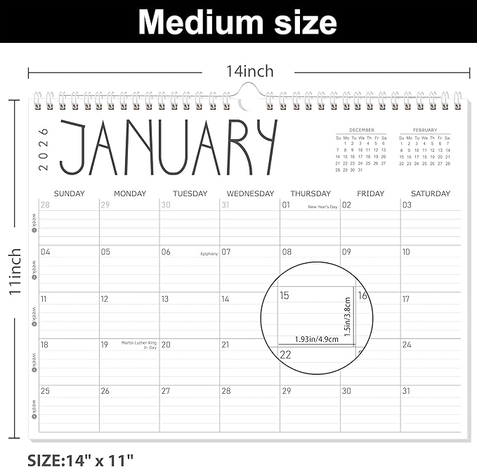GuassLee 2025 Wall Calendar - 12 Monthly Calendar from September 2025 to August 2026, 14" x 11" 2025-2026 Hanging Calendar with Spiral Binding Week Numbers for School Home Office Planning & Organizing