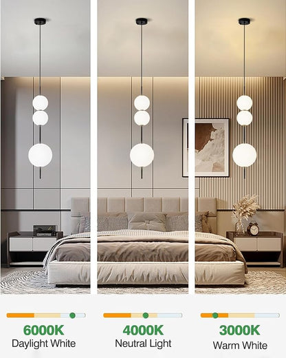 Modern LED Island Chandelier, White Acrylic Spherical Pendant Light, 30W Dimmable Black Ceiling Light, Adjustable Hanging Light Fixture, Suitable for Kitchen Island Dining Room Bedroom Living Room