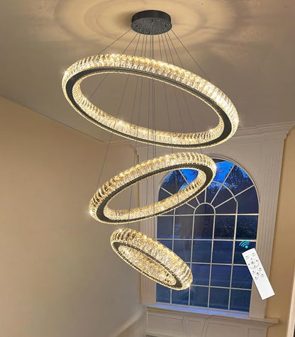 3 Rings Chandelier Modern Dimmable High Ceiling Large Ring Chanderliers Entryway Crystal Pendant Lights for Entryway Foyer Living Room Black Light