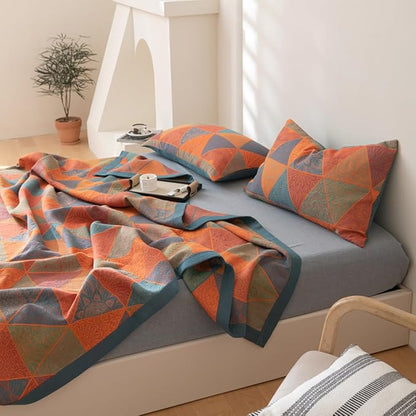 100% Cotton Muslin Blanket Jacquard Bohomian Mandala Triangle Quilt, Soft Bed Cover 3 Layers Reversible Bedspread Coverlet Breathable Lightweight Bedding Twin(59"x94"), No Pillow Sham
