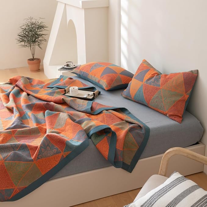 100% Cotton Muslin Blanket Jacquard Bohomian Mandala Triangle Quilt, Soft Bed Cover 3 Layers Reversible Bedspread Coverlet Breathable Lightweight Bedding King(98"x94"), No Pillow Sham
