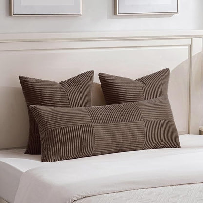 Fancy Homi 2 Packs Dark Brown Big Decorative Throw Pillow Covers 24x24 Inch for Living Room Couch Bed, Farmhouse Boho Home Decor, Soft Corss Corduroy Patchwork Accent Square Cushion Case 60x60 cm