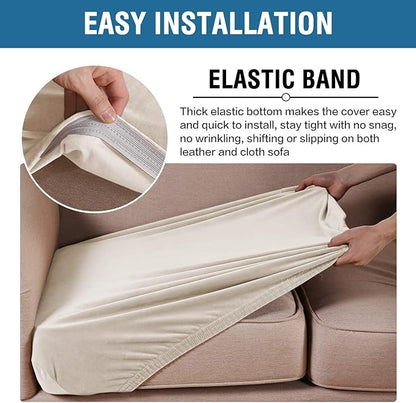 H.VERSAILTEX Velvet Stretch Couch Cushion Cover Plush Cushion Slipcover for Chair Loveseat Sofa Cushion Furniture Protector Seat Cushion Sofa Cover (3 Piece XL Sofa Cushion Covers, Ivory)
