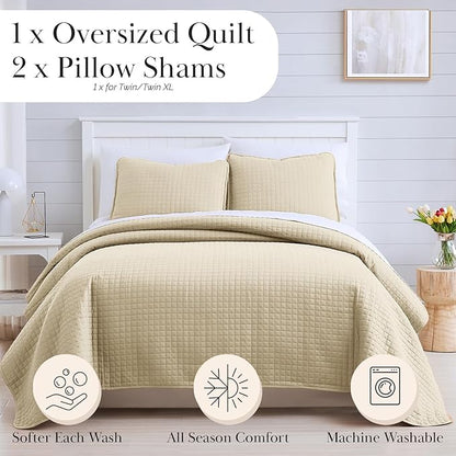 Southshore Fine Living, Inc. Twin XL Comforter Quilt Bedding Set, Dorm Room Essential Bedding, Stain Resistant, Machine Washable Bedspread, XL/Twin Beige Quilt Bed Spread w/Pillow Sham, Soft Sand