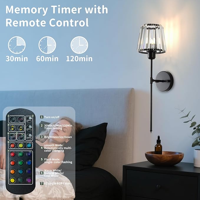 Battery Operated Crystal Wall Sconce Set of 2, Matte Black Wireless Wall Light with Remote Control, LED Dimmable 15 Colors USB Rechargeable Light Bulbs Wall Lamp for Bedroom Living Room Hallway