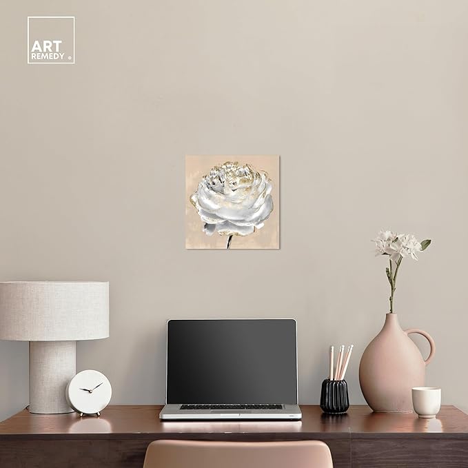 Art Remedy Beige Ranunculus Canvas Elegant White Gold Wall Art, Gallery Wrapped, 12" x 12"