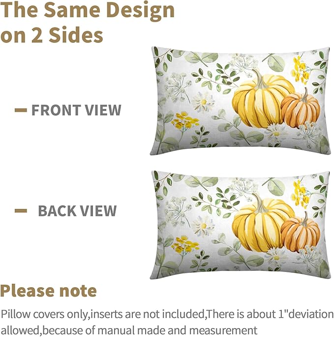 Pumpkin Fall Lumbar Pillow Covers 12x20 Set of 2 Yellow Saga Green Leaf Autumn Floral Thanksgiving Pillow Cases Outdoor Decorative Holiday Cushion Cover Decoration Farmhouse Home Sofa Couch Bed Decor