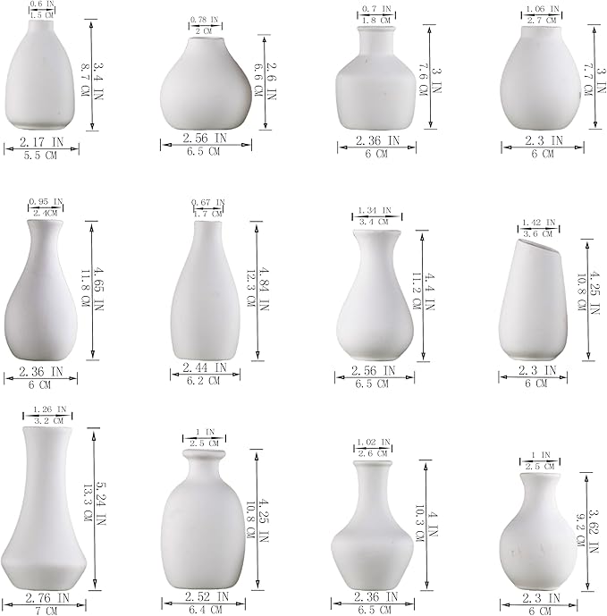 White Bud Vases Set of 12, Small Ceramic Vase in Bulk, Mini Pottery Vases for Pampas Grass Clay Vase for Wedding Table Centerpieces Decoration Modern Boho Rustic Home Decor DIY Gift