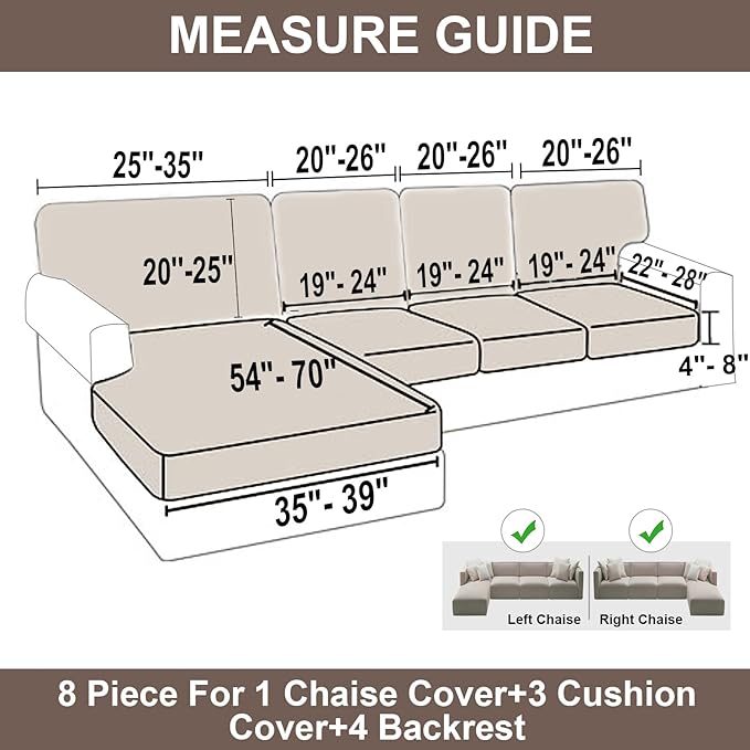 NAISI Sectional Couch Covers 8 Pieces Velvet Couch Cushion Covers L Shape Soft Stretch Sofa Slipcovers with 2pcs Pillowcases for Left/Right Chaise Sectional Couch(3 Seater+1 Chaise+4 Back,Brown)