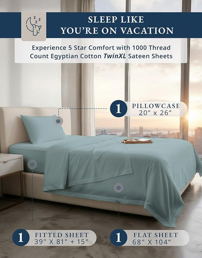 LANE LINEN 100% Egyptian Twin XL Sheets Set - 1000 Thread Count, Soft & Comfy Thick Fully Elasticized Mercerized Cotton Twin Extra Long Sheet Set, No Pill Fade Resistant Elegant Sheets - French Blue