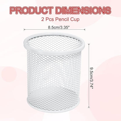 uxcell 2Pcs Mesh Pencil Holder, Metal Pen Cup Desk Organizer Makeup Brush Cup Holder for Home, Office, Classroom(White)