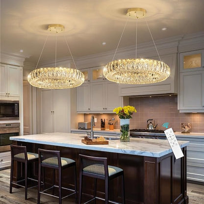 Modern Chandelier Crystal LED Dimmable Ring Pendant Lights Adjustable Hanging Lighting Chandeliers Fixtures for Dining Room Bedroom Kitchen Island Table Gold Light