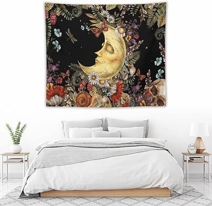 Boho Moon Tapestry Wall Hanging,Vintage Sun and Moon Skull Hippie Mushroom Floral Plant Tapestries for Dorm Living Room Bedroom Decor(50"x60")