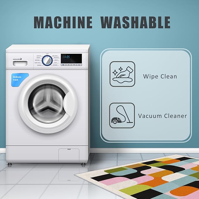 Mid Century Rug 7x9 Retro Abstract Geometric Pattern, Washable Living Room Bedroom Area Rugs, Mid Century Decor for Home, Soft Non Slip Indoor Carpet, Low Pile Design & G845