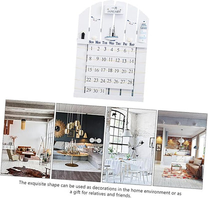 Wall Mounted Wooden Perpetual Calendar in Mediterranean Style, Material Removable Blocks, Home Decor for Office, School, Shop, White