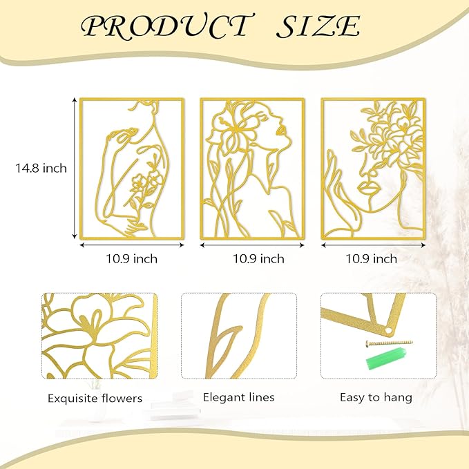 KOYILTD 3 Pcs Minimalist Gold Wall Decor Female Body Minimalist Line Wall Art Modern Aesthetic Home Decoration Abstract Wall Art for Home Living Room Bedroom Bathroom (Charming, Gold, Large)