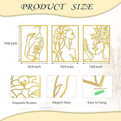 KOYILTD 3 Pcs Minimalist Gold Wall Decor Female Body Minimalist Line Wall Art Modern Aesthetic Home Decoration Abstract Wall Art for Home Living Room Bedroom Bathroom (Charming, Gold, Large)