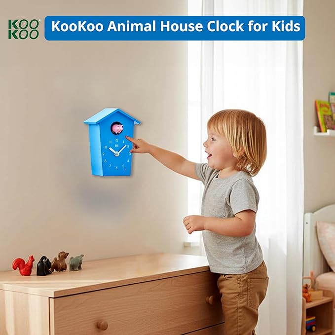 KOOKOO AnimalHouse Blue, Small Cuckoo Clock with 5 Farm Animals Sounds (Natural Field Recordings)