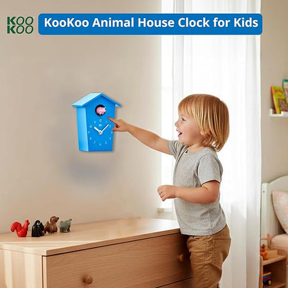 KOOKOO AnimalHouse Blue, Small Cuckoo Clock with 5 Farm Animals Sounds (Natural Field Recordings)
