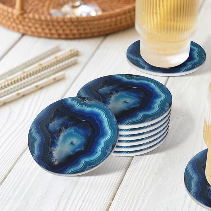 6 Pcs Ceramic Coasters with Holder Absorbent Drink Round Blue Agate Geode Print Design for Home Table Coffee Cup Wine Beer Bar,Size 4.4 inches