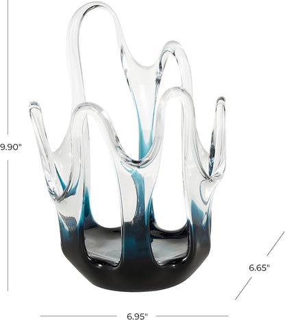Deco 79 Glass Abstract Decorative Vase Ombre Centerpiece Vase with Wavy Oval Cutouts, Flower Vase for Home Decoration 7" x 7" x 10", Blue