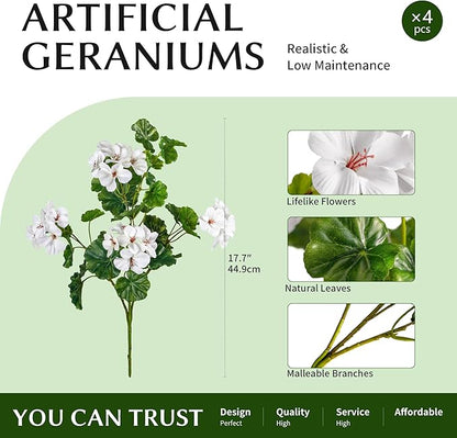 Artificial Flowers for Outdoors 4PCS Artificial Geraniums for Indoor Fake Flowers 17.7In Uv Resistant Artificial Outdoor Flowers Suitable for Indoor Home Decor Outdoor Garden Decoration,White