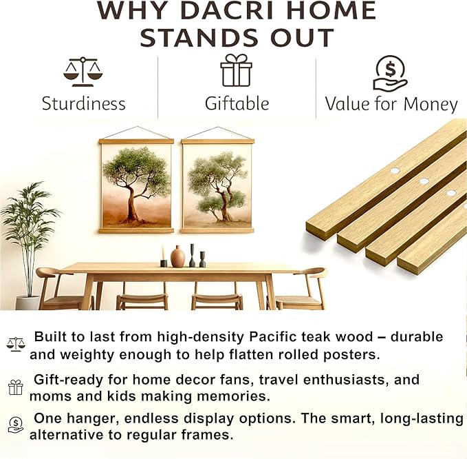 DACRI HOME Magnetic Poster Hanger Frame, Sturdy Magnetic Poster Frame with Teak Wood, Strong Magnets for Hanging Prints, Maps, Pictures, Scroll Wall Art, 22x34 22x28 (22 Inch, Teak)