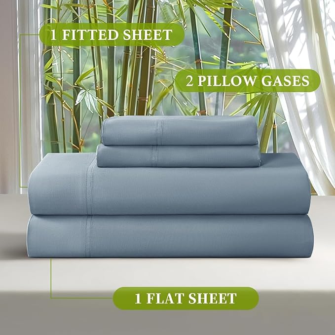 Shilucheng 100% Viscose Derived from Bamboo Full Size 4pcs Ultra Cooling & Silky Soft Bed Sheets, 16" Deep Pocket, Perfect for Hot Sleepers, Hotel Bedding Sheets (French Blue)