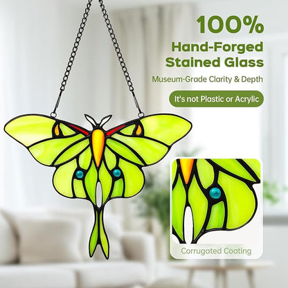 Luna Moth Sun Catcher Stained Glass Window Hanging IDEA SHOW 7.3Inch Handmade Real Glass Suncatcher Ornaments, Elegant Green Butterfly Memorial Gifts for Women, Mom, Grandma