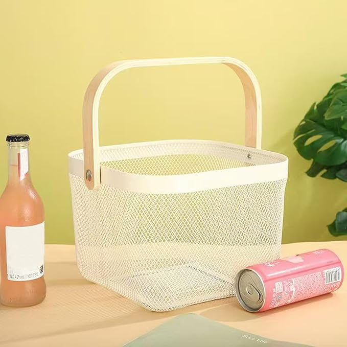 Metal Mesh Wire Basket, Small Steel Basket with Wooden Handle Storage Organizer Basket Multi-functional Hanging Kitchen Baskets Fruit Baskets for Kitchen Bathroom Cabinet Pantry Snacks, White