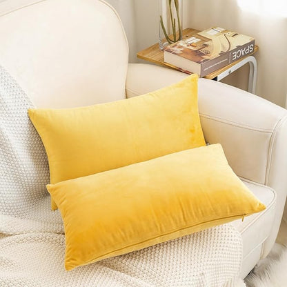 HWY 50 Yellow Velvet Rectangular Throw Pillow Covers 12x20 Inch, Pack of 2 Soft Cozy Solid Decorative Luxury Cushion Cases for Couch Sofa Bed Living Room Bedroom